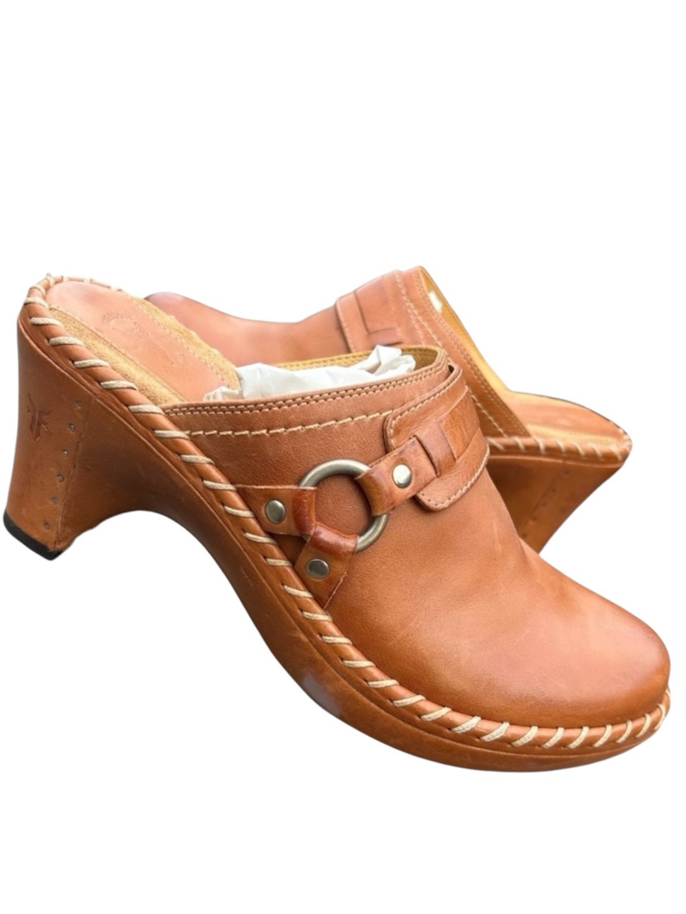 Frye Charlotte 2 Ring Clogs 7.5 Slip On Mule Harness Whipstitch festival
